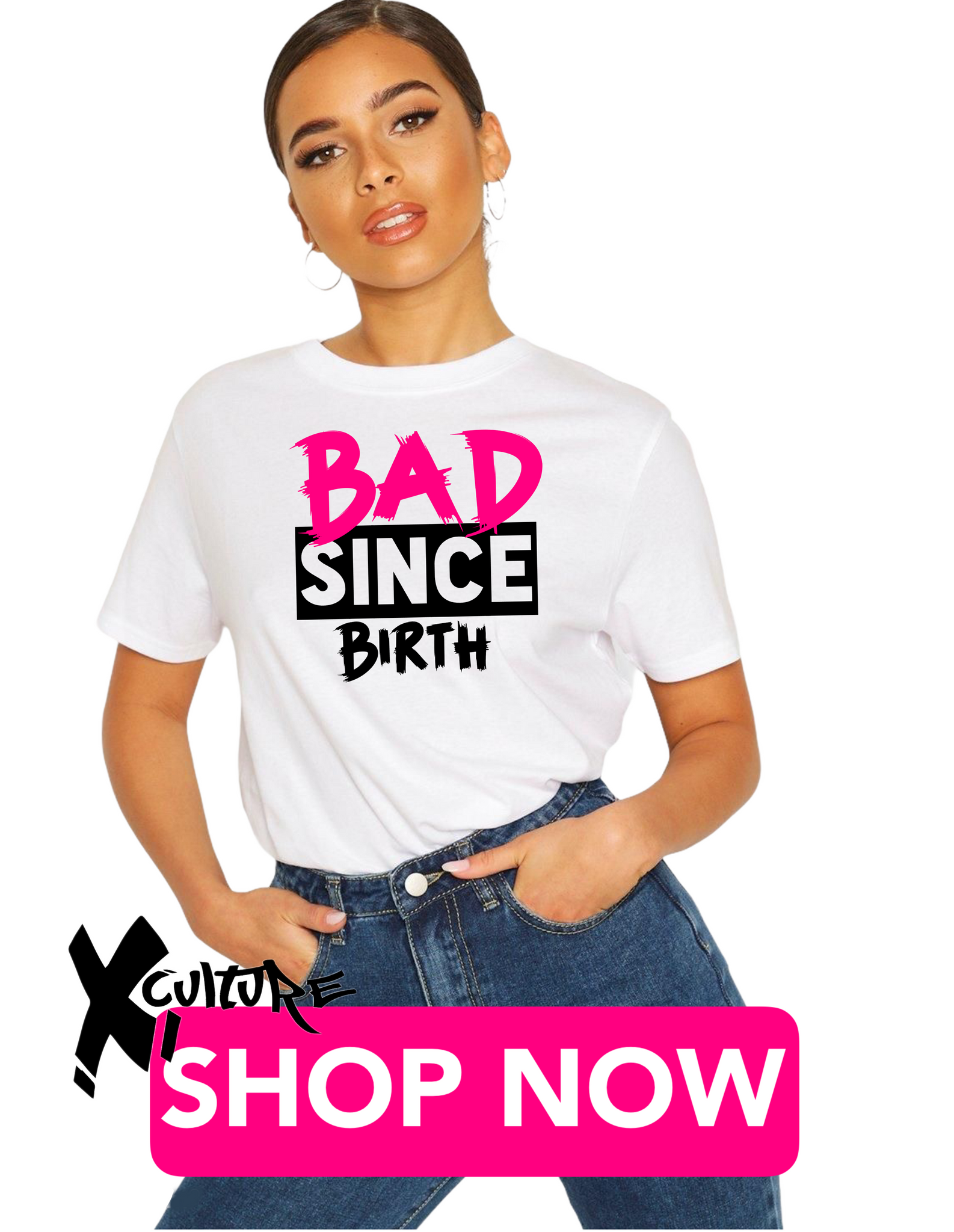 “BAD SINCE BIRTH” graphic logo woman’s tshirt