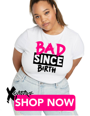 “BAD SINCE BIRTH” graphic logo woman’s tshirt